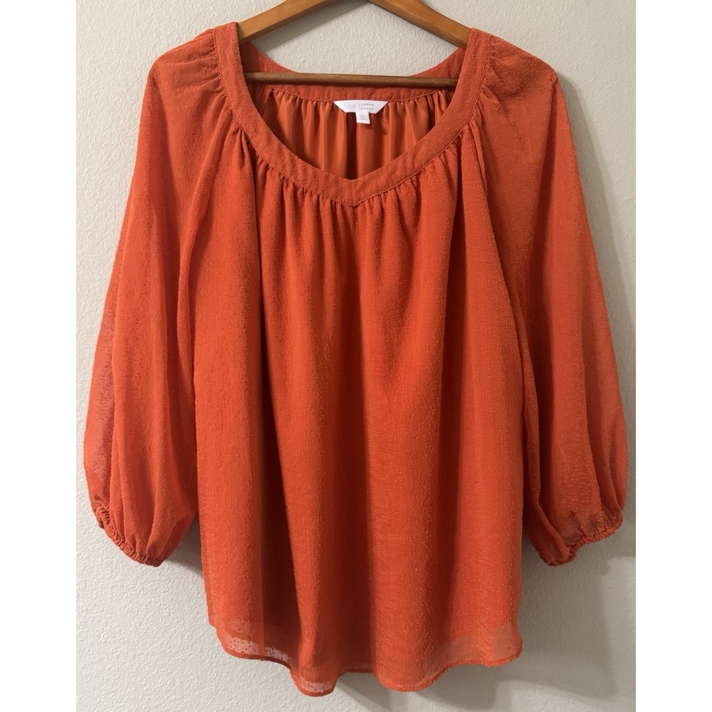 Lauren Conrad Women's XL Top Orange 3/4 Sheer Sleeve Lined Bodice Textured Boho